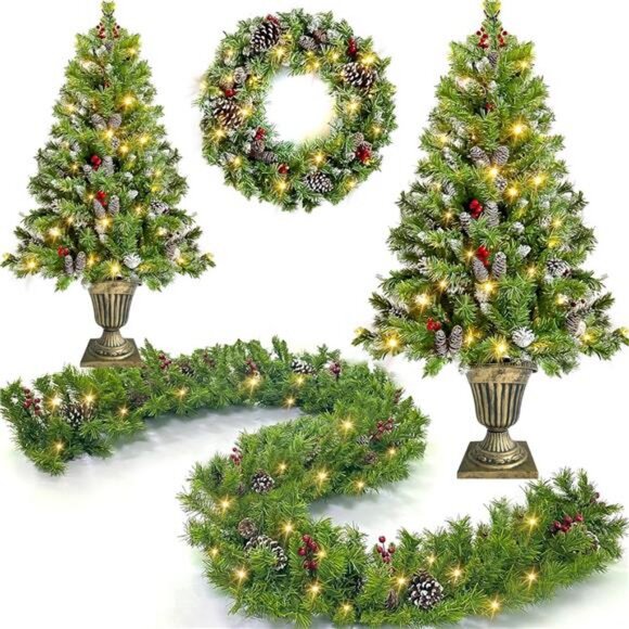 4Pcs Christmas Tree Garland Wreath Set, 2Pcs 4ft Prelit Artifical Christmas - Picture 3 of 7